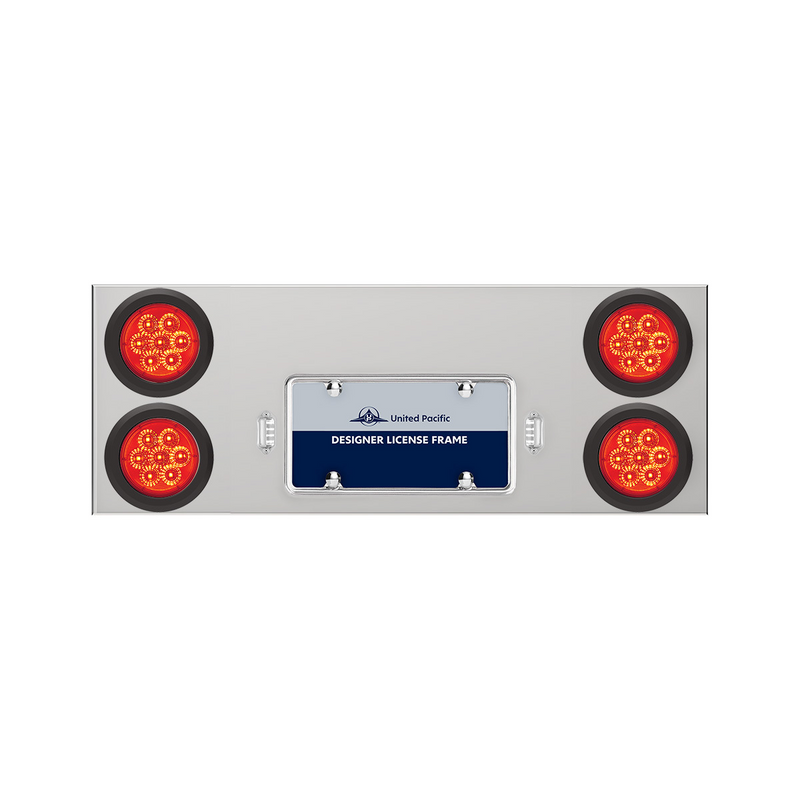 United Pacific 33-3/4" Stainless Rear Center Panel With Four 7 LED 4" Reflector Lights & Grommets Red LED/Red Lens 35263