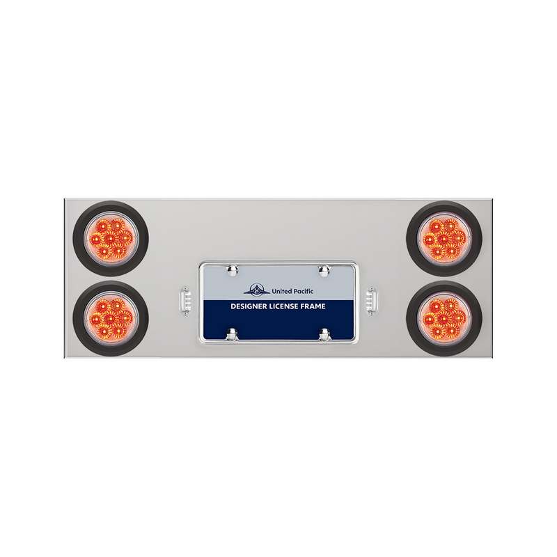 United Pacific 33-3/4" Stainless Rear Center Panel With Four 7 LED 4" Reflector Lights & Grommets Red LED/Clear Lens 35264