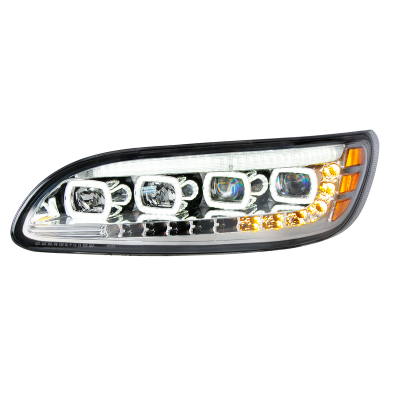 United Pacific Chrome Quad-LED Headlight With LED DRL & Seq. Signal For 2005-2015 Peterbilt 386- Driver 35841
