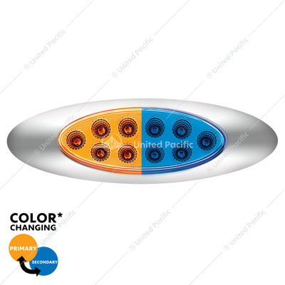 United Pacific 10 LED Oval Double Fury Light with Clear Lens and Chrome Bezel - Amber/Blue