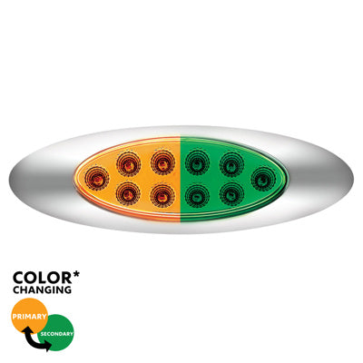 United Pacific 10 LED Oval Double Fury Light with Clear Lens and Chrome Bezel - Amber/Green