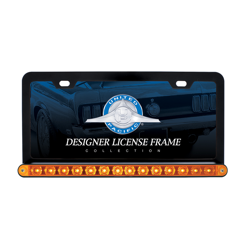 United Pacific Black License Plate Frame With 14 LED 12" Light Bar Amber LED/Amber Lens 36472