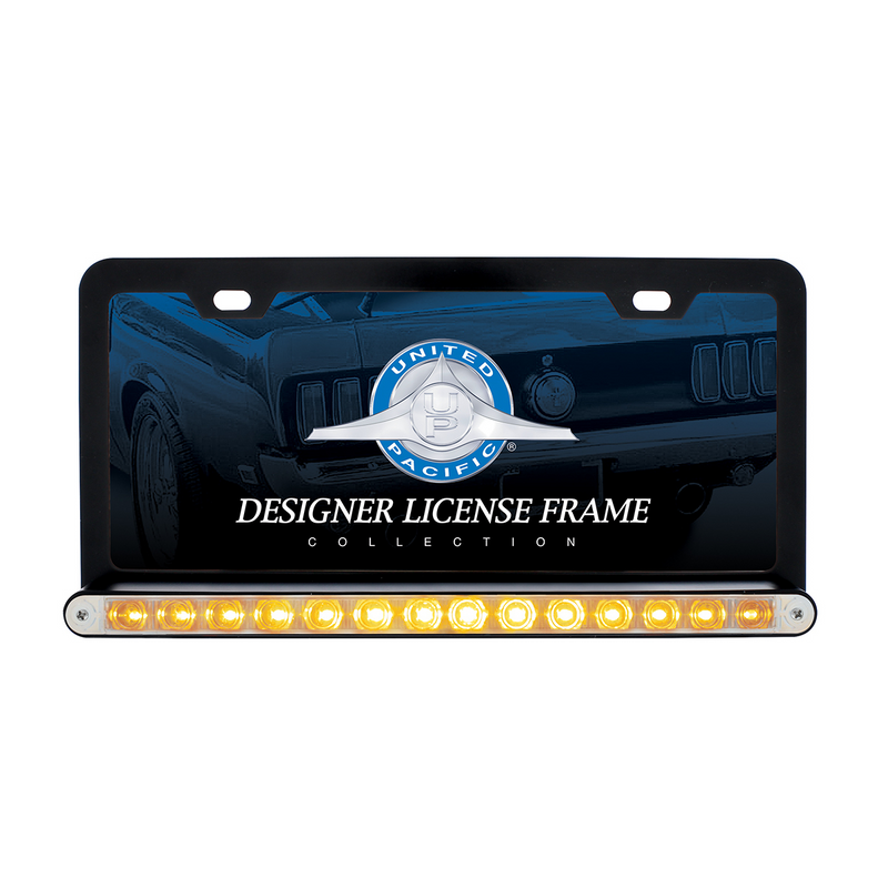 United Pacific Black License Plate Frame With 14 LED 12" Light Bar Amber LED/Clear Lens 36474