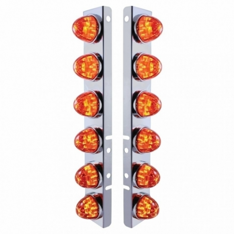 United Pacific SS Front Air Cleaner Bracket With 12X LED Watermelon Lights & SS Bezels For Peterbilt-Amber LED/Dark Amber Len 37290