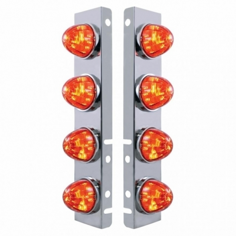 United Pacific SS Front Air Cleaner Bracket With 8X 17 LED Watermelon Lights & SS Bezels For Peterbilt-Amber LED/Dark Amber L 37291