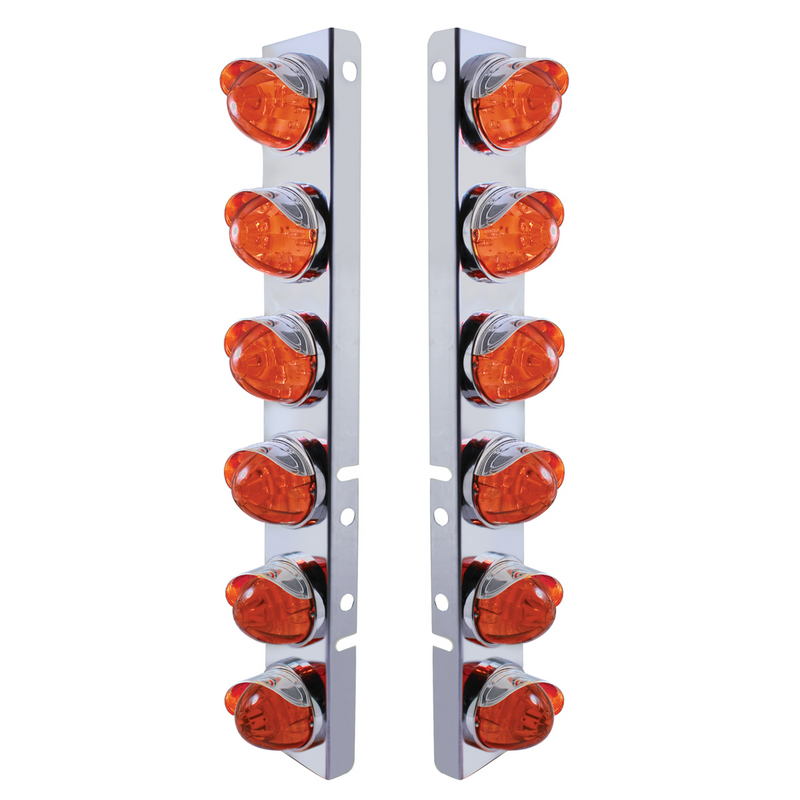 United Pacific SS Front Air Cleaner Bracket With 12X LED Watermelon Lights & SS Visors For Peterbilt-Amber LED/Dark Amber Len 37292