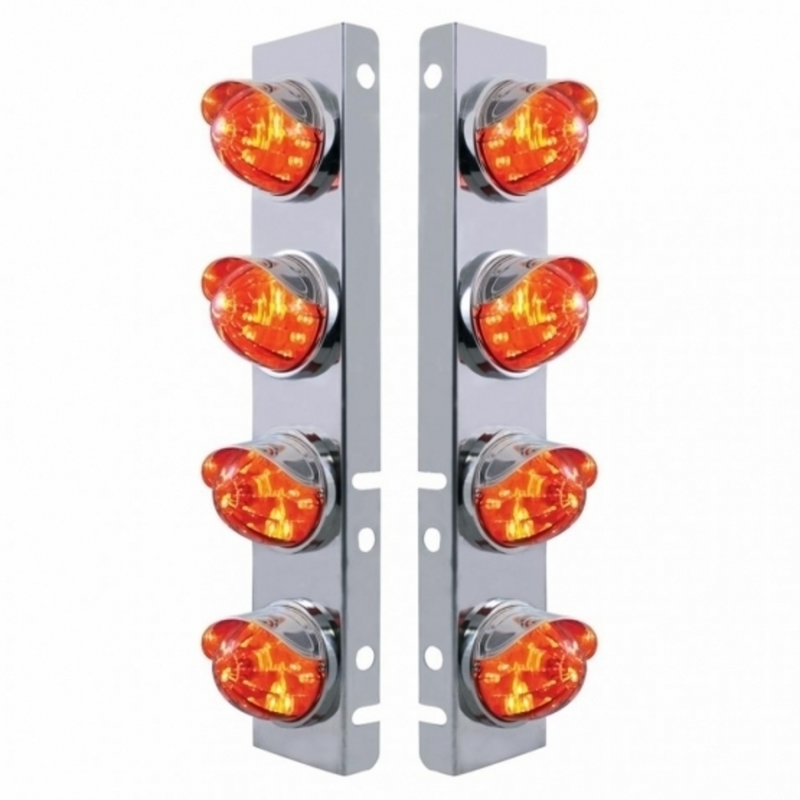 United Pacific SS Front Air Cleaner Bracket With 8X LED Watermelon Lights & SS Visors For Peterbilt-Amber LED/Dark Amber Lens 37293