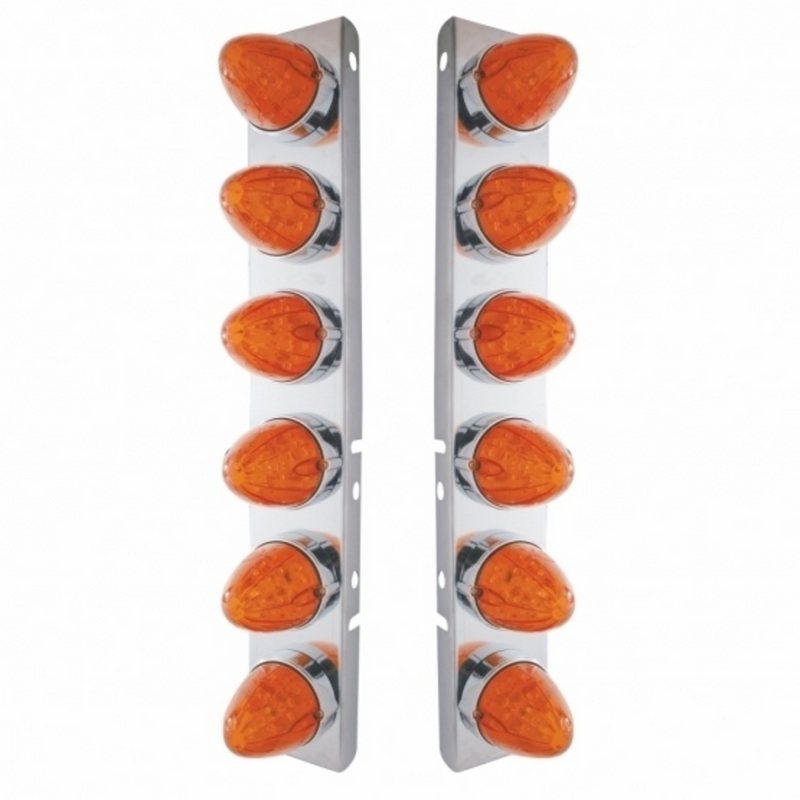 United Pacific SS Front Air Cleaner Bracket With 12X 19 LED Watermelon Lights & Bezels For Peterbilt-Amber LED/Dark Amber Len 37296