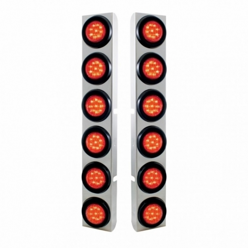 United Pacific Stainless Rear Air Cleaner Bracket With Twelve 9 LED 2" Lights & Grommets For Peterbilt- Red LED/Red Lens 37343