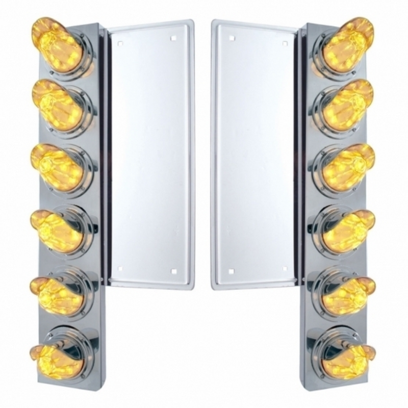 United Pacific FL SS Front Air Cleaner Bracket With 12X 11 LED Watermelon Lights & Visors -Amber LED/Clear Lens 37356