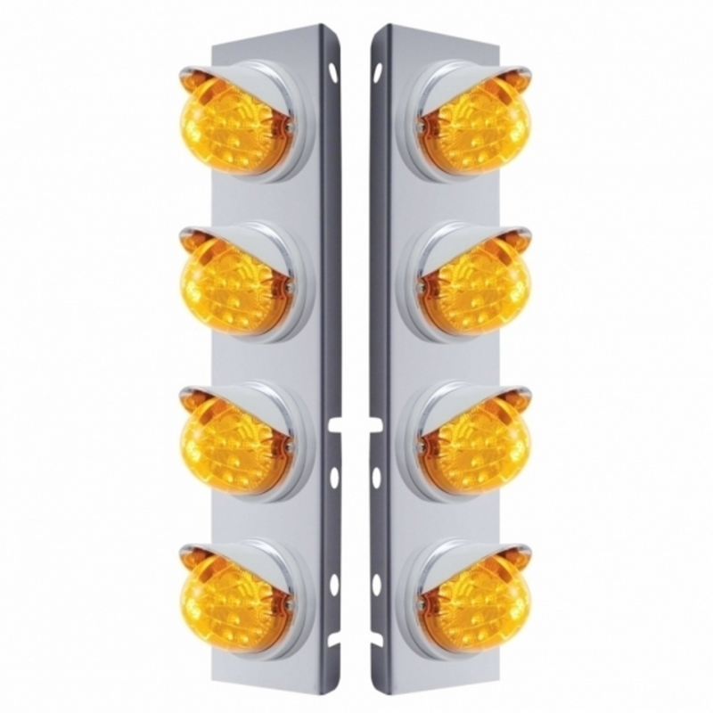 United Pacific SS Front Air Cleaner Bracket With 8X 17 LED Reflector Lights & Visors For Peterbilt-Amber LED & Lens 37374