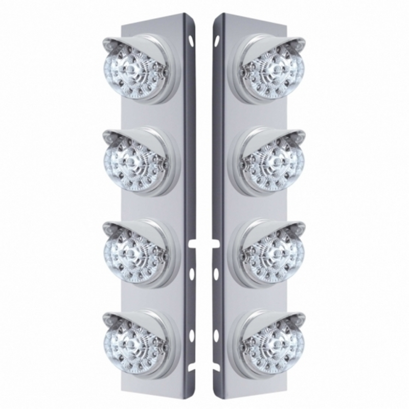 United Pacific SS Front Air Cleaner Bracket With 8X 17 LED Reflector Lights & Visors For Peterbilt-Amber LED/Clear Lens 37375