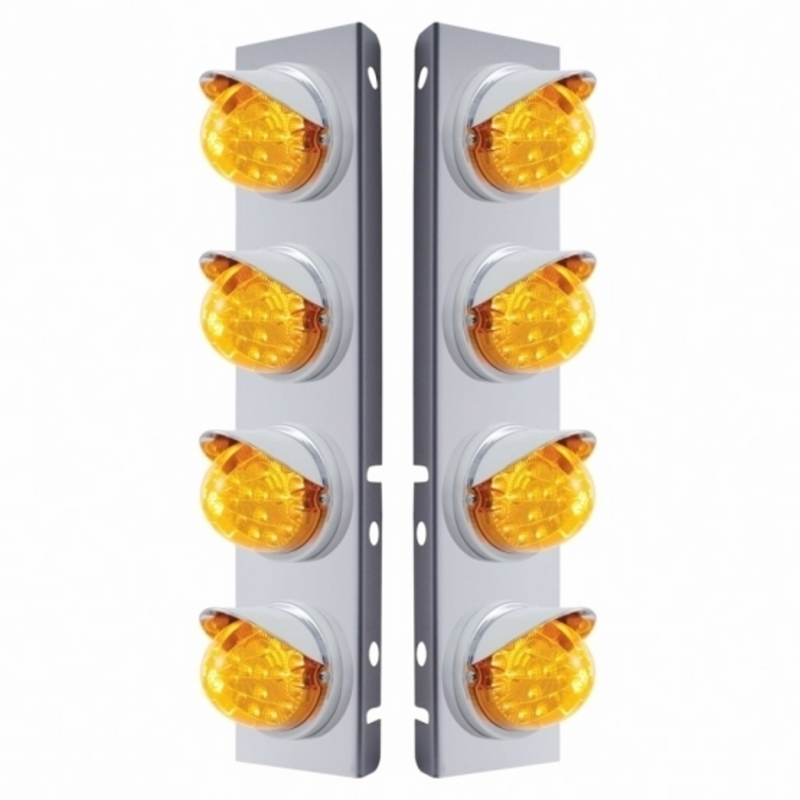 United Pacific SS Front Air Cleaner Bracket With 8X 17 Amber LED Dual Function Reflector Lights & Visors For Peterbilt-Amber 37376