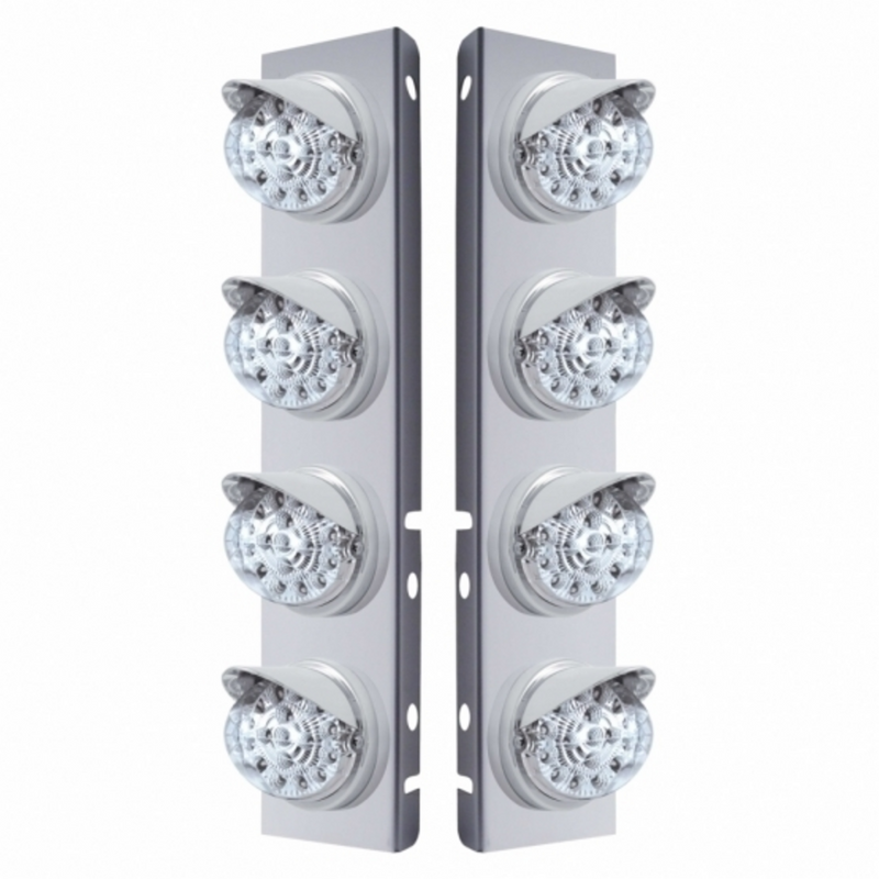 United Pacific SS Front Air Cleaner Bracket With 8X 17 Amber LED Dual Function Reflector Lights & Visors For Peterbilt-Clear 37377