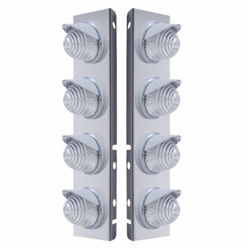 United Pacific SS Front Air Cleaner Bracket With 8X 17 LED Beehive Lights & Visors For Peterbilt -Amber LED/Clear Lens 37385
