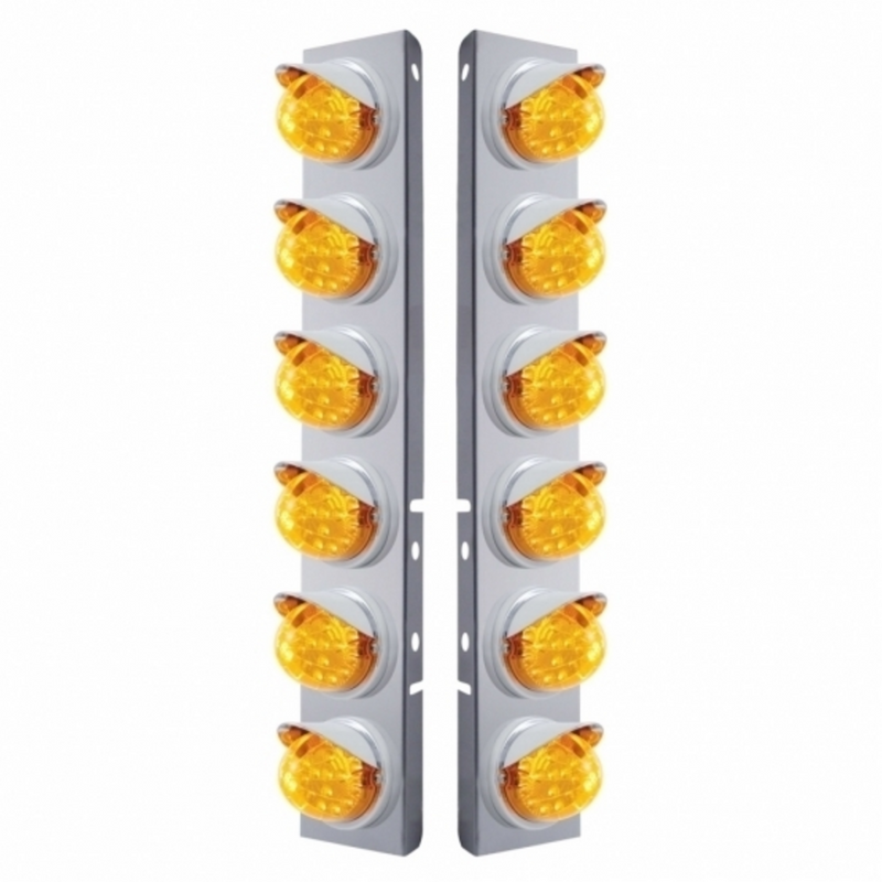 United Pacific SS Front Air Cleaner Bracket With 12X 17 LED Reflector Lights & Visors For Peterbilt-Amber LED & Lens 37386