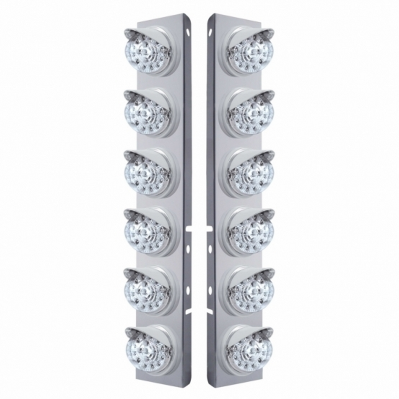 United Pacific SS Front Air Cleaner Bracket With 12X 17 LED Reflector Lights & Visors For Peterbilt-Amber LED/Clear Lens 37387