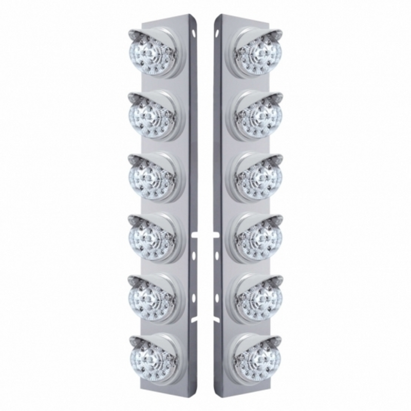 United Pacific SS Front Air Cleaner Bracket With 12X 17 Amber LED Dual Function Reflector Lights & Visors For Peterbilt-Clear 37389