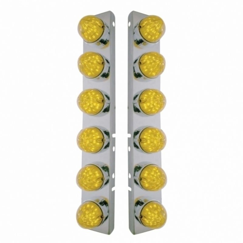 United Pacific SS Front Air Cleaner Bracket With 12X 19 LED Bullet Style Lights & Bezels For Peterbilt-Amber LED & Lens 37464