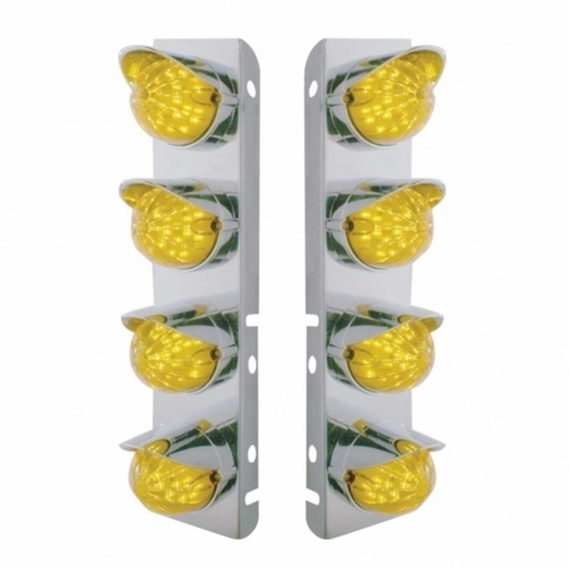 United Pacific SS Front Air Cleaner Bracket With 8X 19 LED Bullet Style Lights & Visors For Peterbilt-Amber LED & Lens 37466