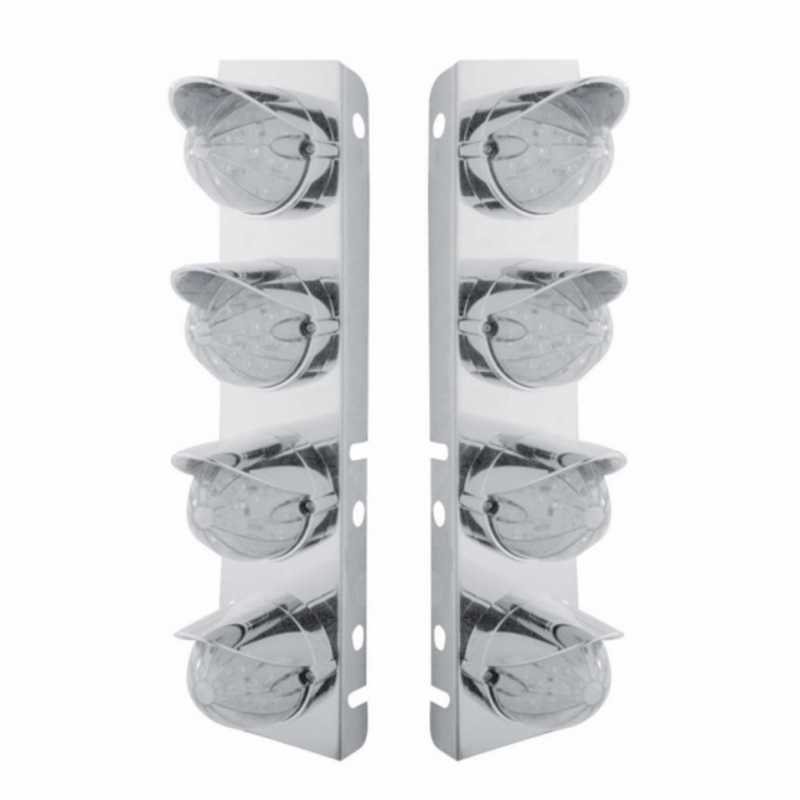 United Pacific SS Front Air Cleaner Bracket With 8X 19 LED Bullet Style Lights & Visors For Peterbilt-Amber LED/Clear Lens 37467