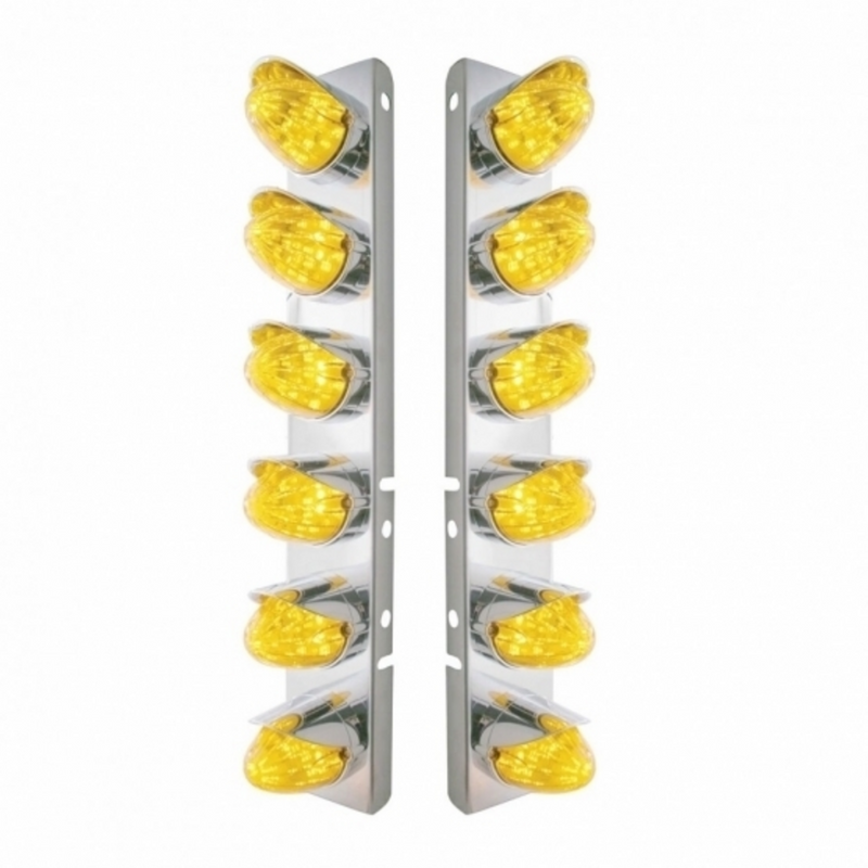 United Pacific SS Front Air Cleaner Bracket With 12X 19 LED Watermelon Lights & Visors For Peterbilt-Amber LED & Lens 37699