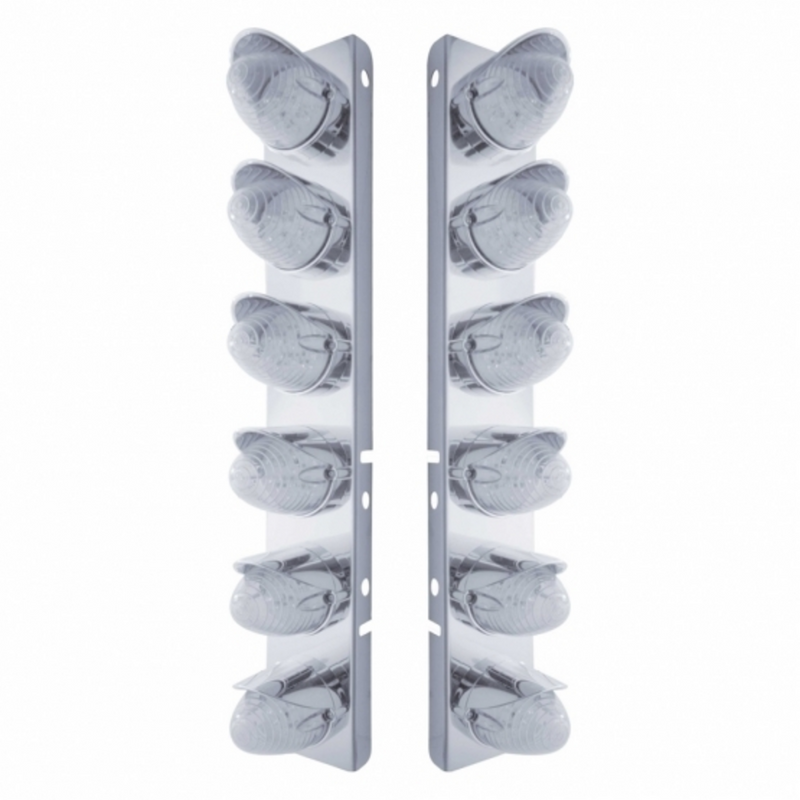 United Pacific SS Front Air Cleaner Bracket With 12X 19 LED Beehive Lights & Visors For Peterbilt-Amber LED/Clear Lens 37702