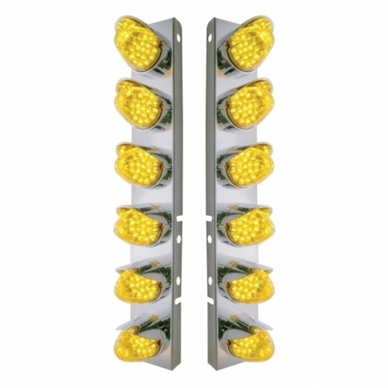 United Pacific SS Front Air Cleaner Bracket With 12X 19 LED Reflector Lights & Visors For Peterbilt-Amber LED & Lens 37703