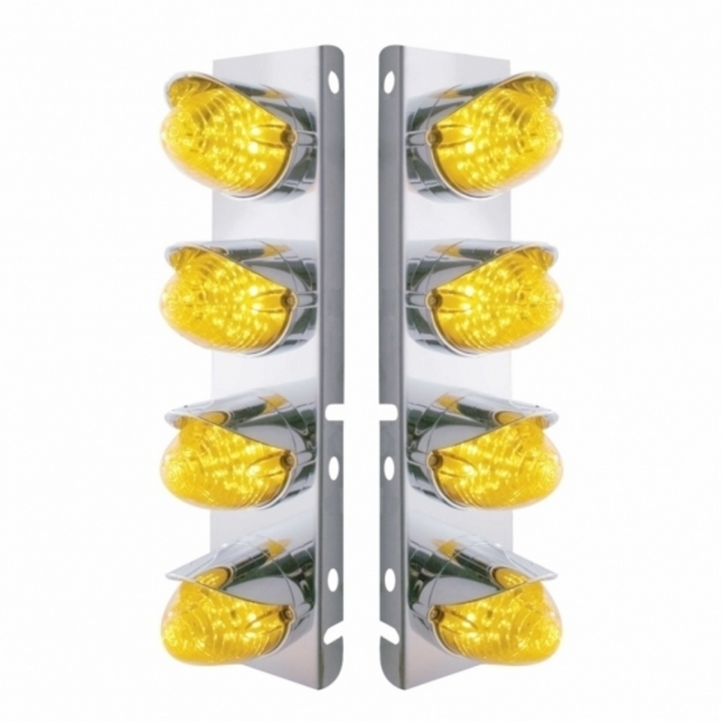 United Pacific SS Front Air Cleaner Bracket With 8X 19 LED Beehive Lights & Visors For Peterbilt-Amber LED & Lens 37707