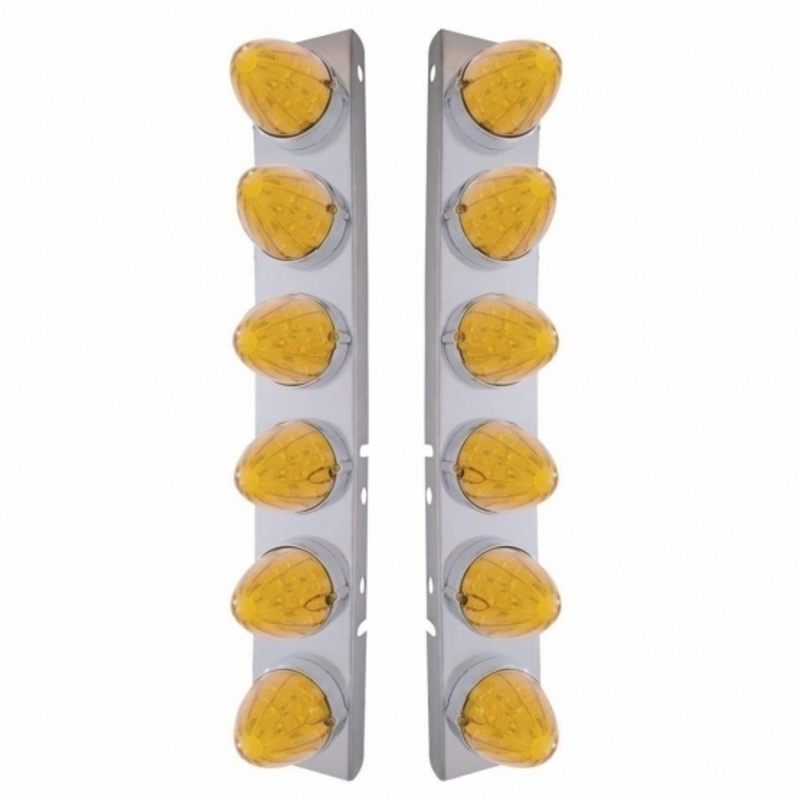 United Pacific SS Front Air Cleaner Bracket With 12X 19 LED Watermelon Lights & Bezels For Peterbilt-Amber LED & Lens 37984