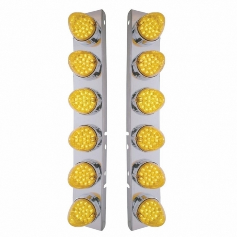United Pacific SS Front Air Cleaner Bracket With 12X 19 LED Reflector Lights & Bezels For Peterbilt-Amber LED & Lens 37988