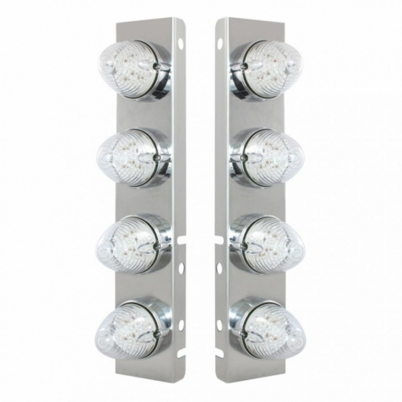 United Pacific SS Front Air Cleaner Bracket With 8X 19 LED Beehive Lights & Bezels For Peterbilt-Amber LED/Clear Lens 37993