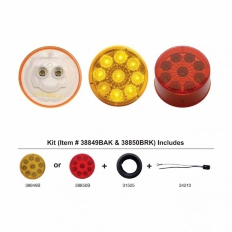 United Pacific 9 LED 2" Round Reflector Light Kit (Clearance/Marker) Amber LED/Amber Lens 38849BAK