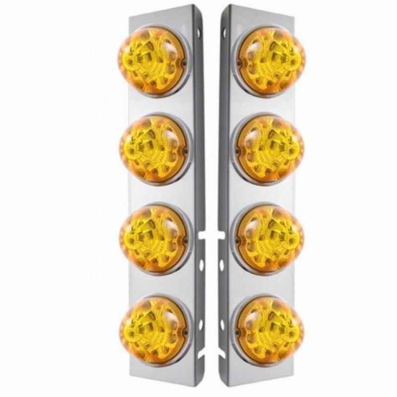 United Pacific SS Front Air Cleaner Bracket W/8X 17 Amber LED Refl. Watermelon Lights & SS Bezels For Peterbilt-Amber Lens (P 39628
