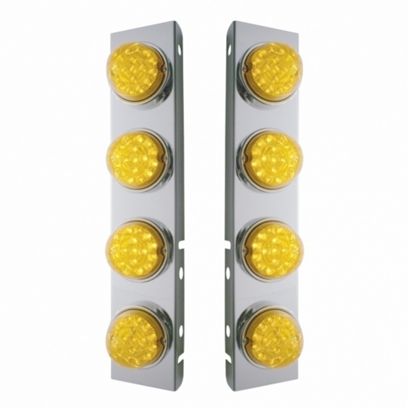 United Pacific SS Front Air Cleaner Bracket With 8X 17 Amber LED Reflector Lights & SS Bezels For Peterbilt-Amber Lens 39630
