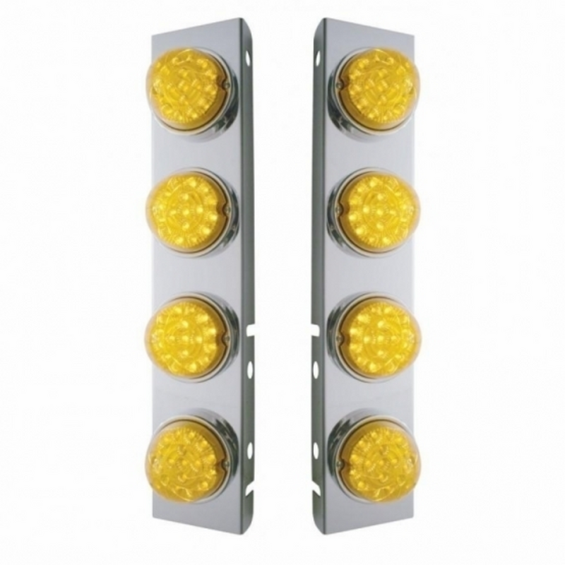United Pacific SS Front Air Cleaner Bracket With 8X 17 Amber LED Dual Function Reflector Lights & SS Bezels For Peterbilt-Amb 39632
