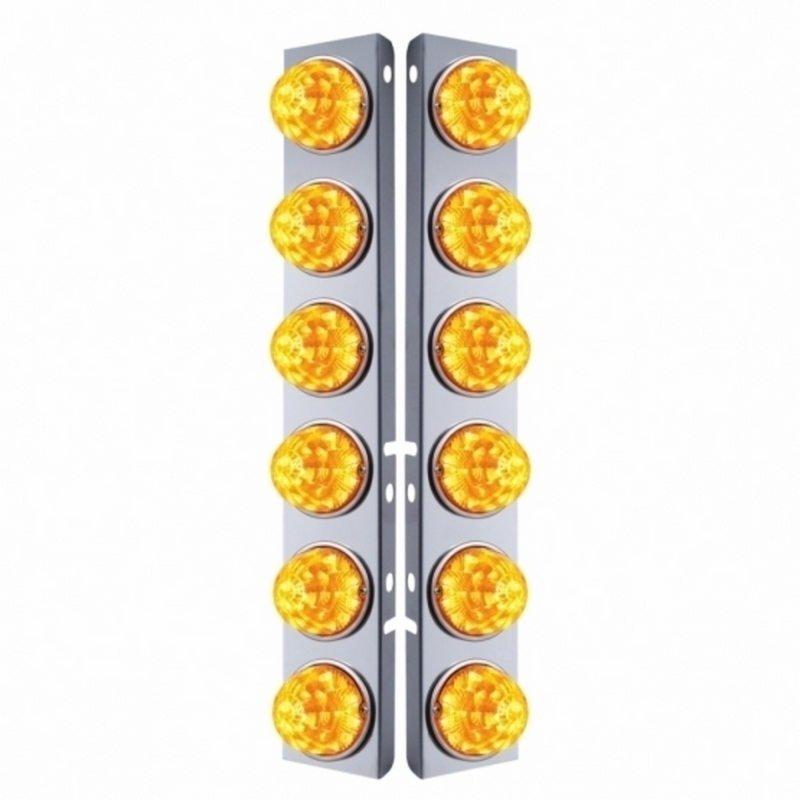 United Pacific SS Front Air Cleaner Bracket W/12X 17 Amber LED Refl. Watermelon Lights & SS Bezels For Peterbilt-Amber Lens ( 39634