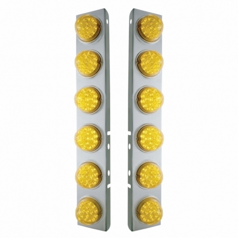 United Pacific SS Front Air Cleaner Bracket With 12X 17 Amber LED Reflector Lights & SS Bezels For Peterbilt-Amber Lens 39636