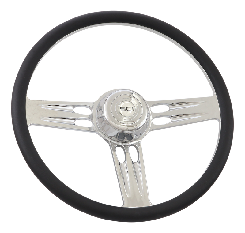 Steering Creations 18" Wood Rim, Half Wrap Billet Chrome Aluminum Steering Wheel- "Triple Threat"