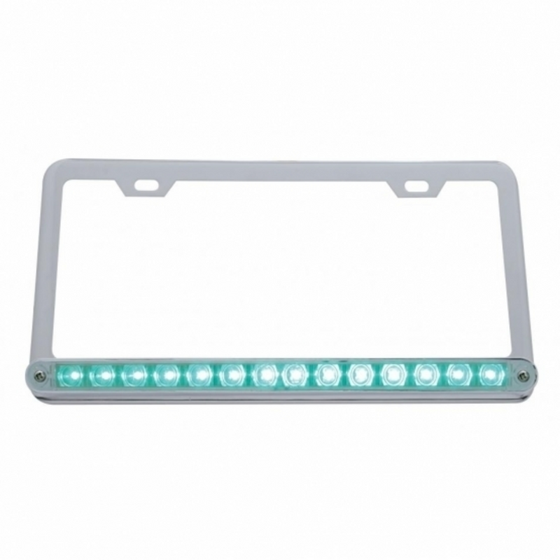 United Pacific Chrome License Plate Frame With 14 LED 12" Light Bar Green LED/Clear Lens 39780