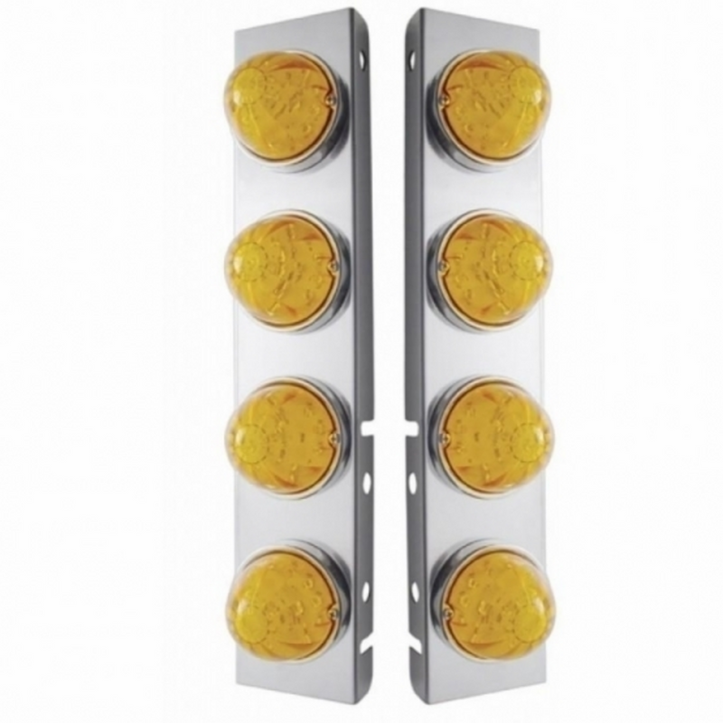 United Pacific SS Front Air Cleaner Bracket With 8X 17 Amber LED Hi/Lo Watermelon Lights & SS Bezels For Peterbilt-Amber Lens 39794