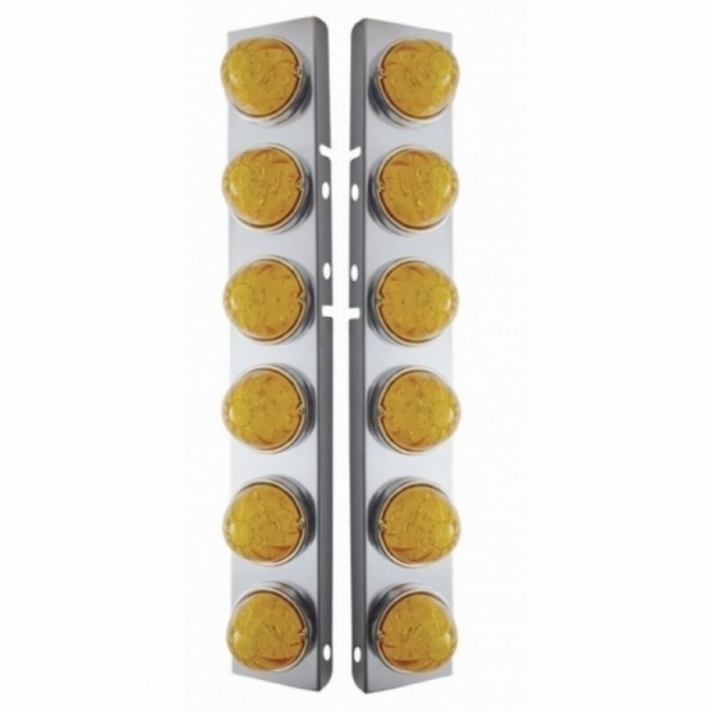 United Pacific SS Front Air Cleaner Brkt With 12X 17 Amber LED Hi/Lo Watermelon Lights & SS Bezels For Peterbilt-Amber Lens 39796