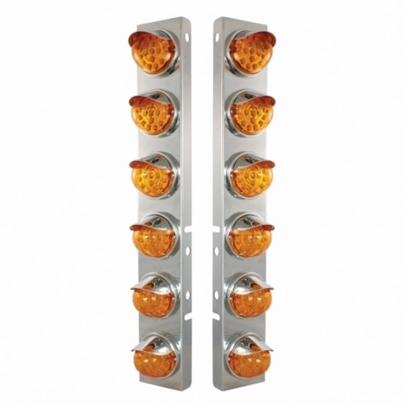 United Pacific SS Front Air Cleaner Bracket With 12X 17 Amber LED Reflector Lights & SS Visors For Peterbilt-Amber Lens 39838