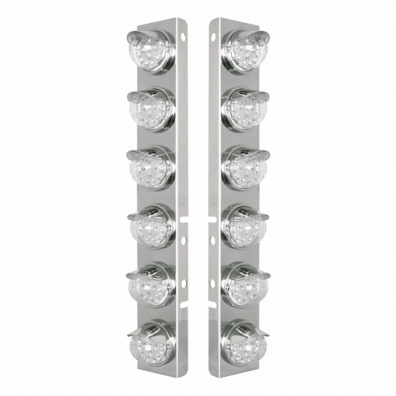 United Pacific SS Front Air Cleaner Bracket With 12X 17 Amber LED Reflector Lights & SS Visors For Peterbilt-Clear Lens 39839