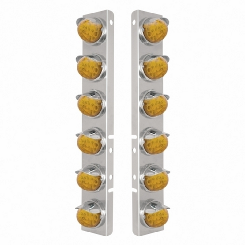 United Pacific SS Front Air Cleaner Bracket With 12X 17 Amber LED Reflector Watermelon Lights & SS Visors For Peterbilt-Amber 39840