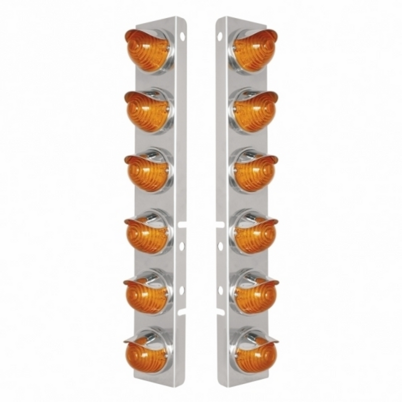 United Pacific SS Front Air Cleaner Bracket W/12X 17 Amber LED Beehive Lights & SS Visors For Peterbilt-Amber LED & Lens 39842