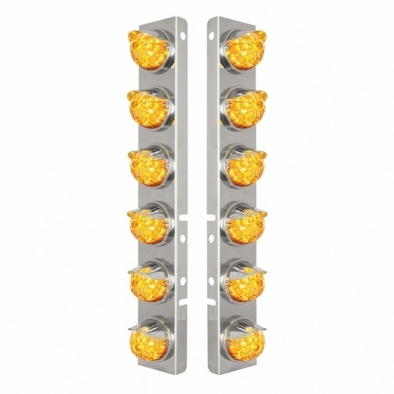 United Pacific SS Front Air Cleaner Bracket W/12X 17 Amber LED Watermelon Lights & SS Visors For Peterbilt-Amber Lens 39844