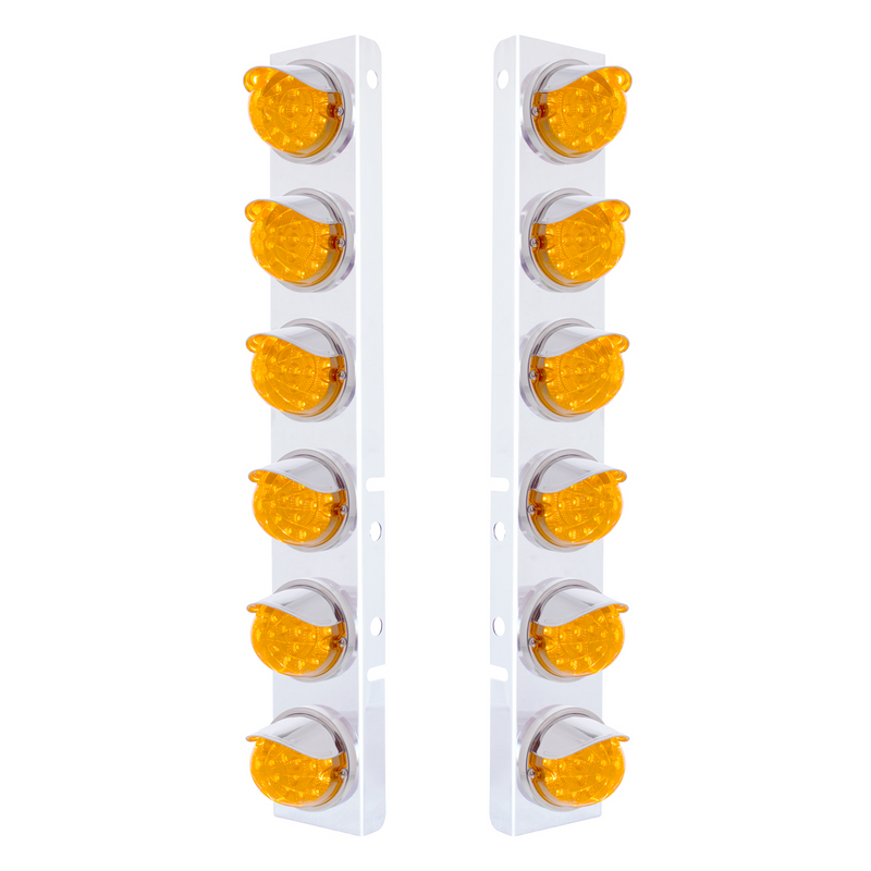 United Pacific SS Front Air Cleaner Bracket With 12X 17 Amber LED Dual Function Reflector Lights & SS Visors For Peterbilt-Am 39846