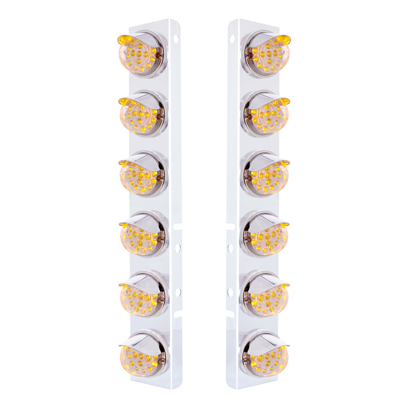 United Pacific SS Front Air Cleaner Bracket With 12X 17 Amber LED Dual Function Reflector Lights & SS Visors For Peterbilt-Cl 39847
