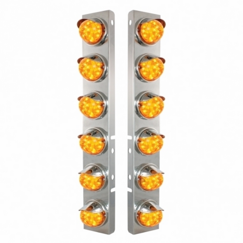 United Pacific SS Front Air Cleaner Brkt With 12X 17 Amber LED Dual Func. Watermelon Lights & SS Visors For Peterbilt-Amber L 39848